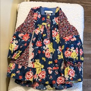 Bonnie Jean Navy Floral Patchwork Dress with Pink and Yellow Roses
